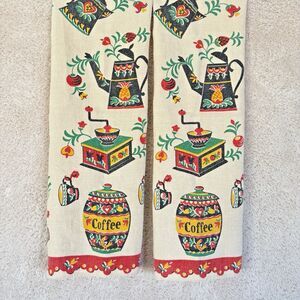 Vtg Lot of 2 MCM Coffee Pot Grinder Linen Kitchen Tea Towels Pennsylvania Dutch